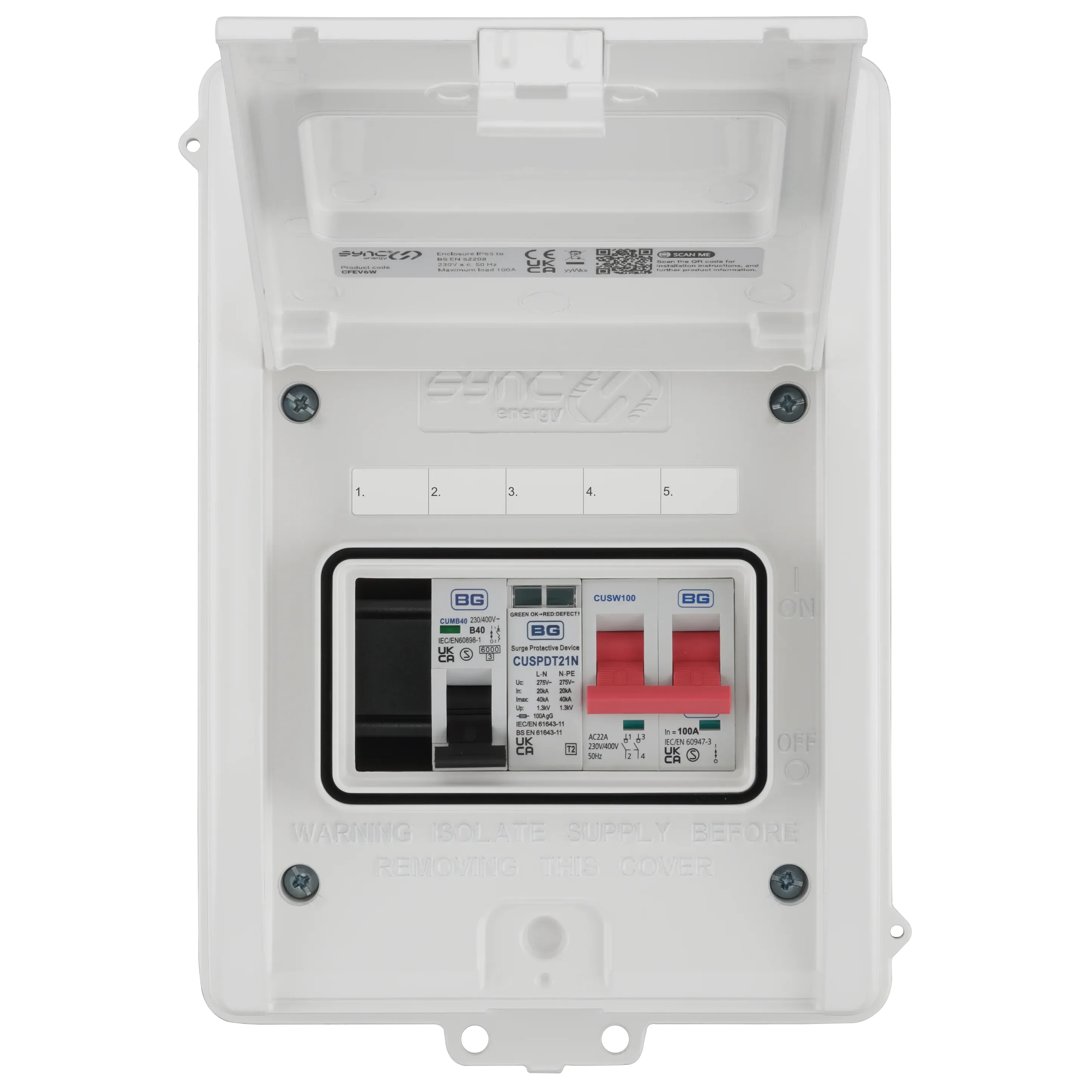 Sync Energy CFEV6W-01 Consumer Unit with 100A Main Switch & 40A MCB