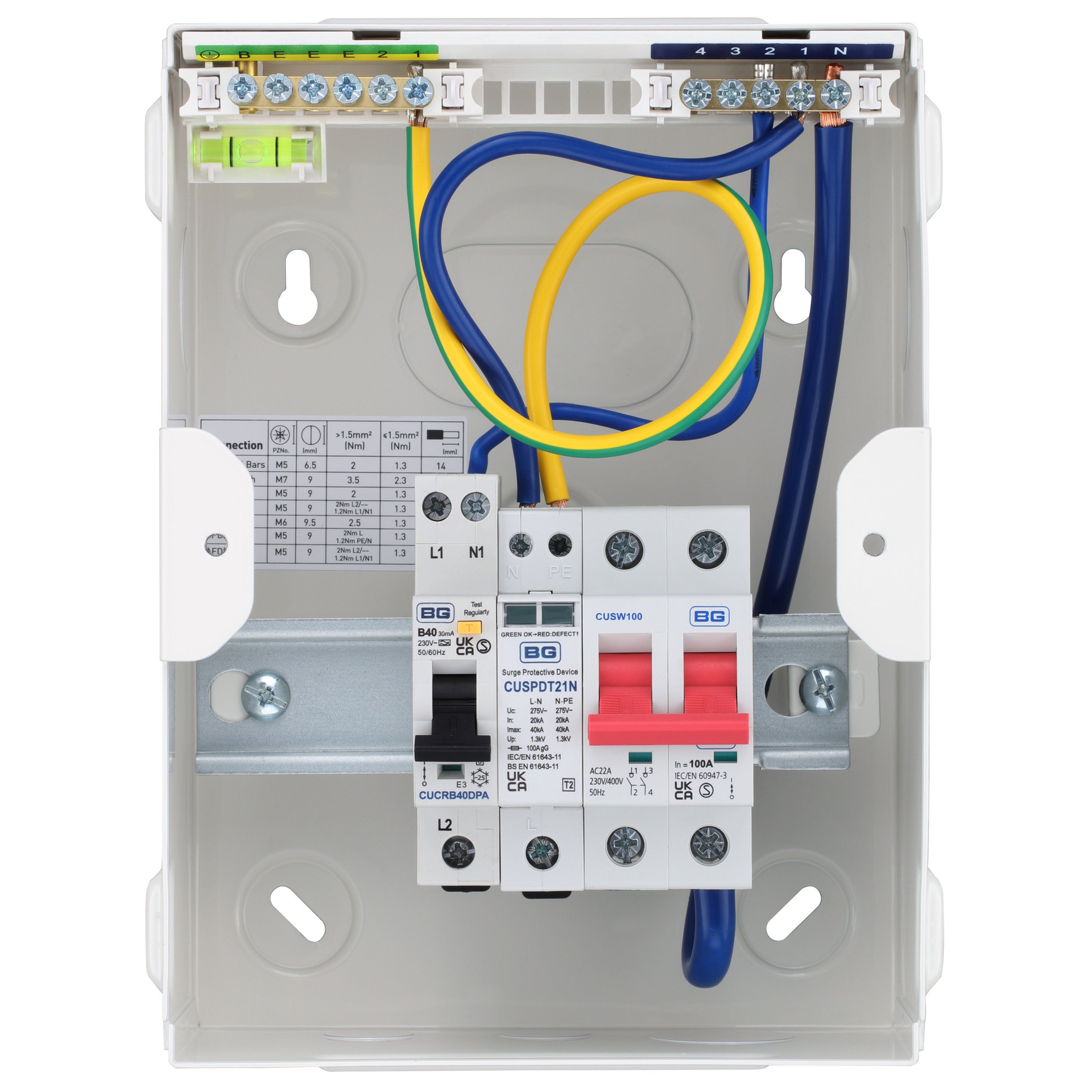 Sync Energy CFUEV5RDA-01 IP20 EV Consumer Unit With 100A Switch Isolator, 1 x Type 2 SPD & 1 x 40A 30mA DP Type A RCBO White