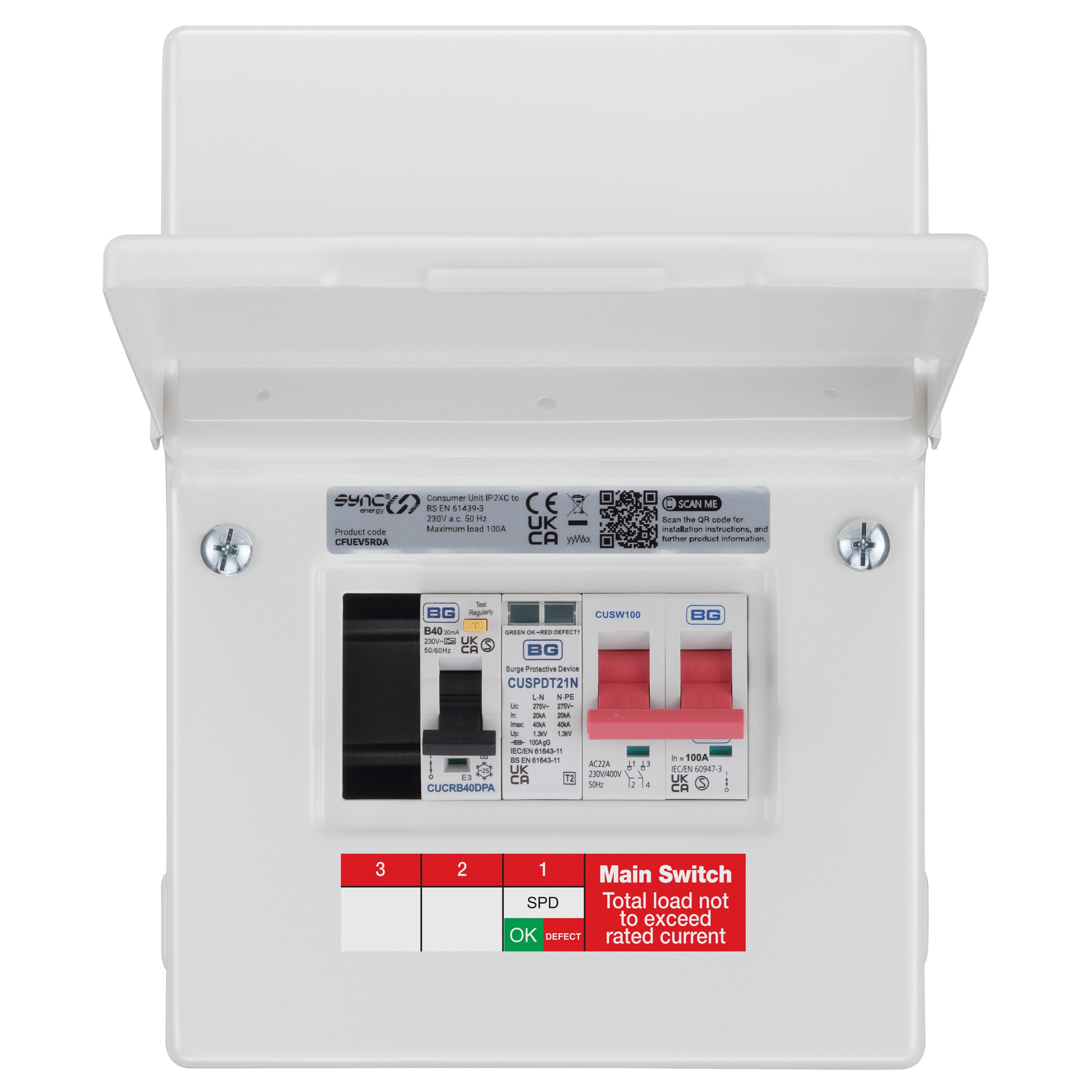 Sync Energy CFUEV5RDA-01 IP20 EV Consumer Unit With 100A Switch Isolator, 1 x Type 2 SPD & 1 x 40A 30mA DP Type A RCBO White