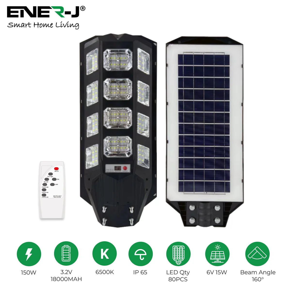 Ener-j T391 150W Solar Streetlights 6500K with 6V 15W Solar Panel & 18000 mAh Battery & Remote