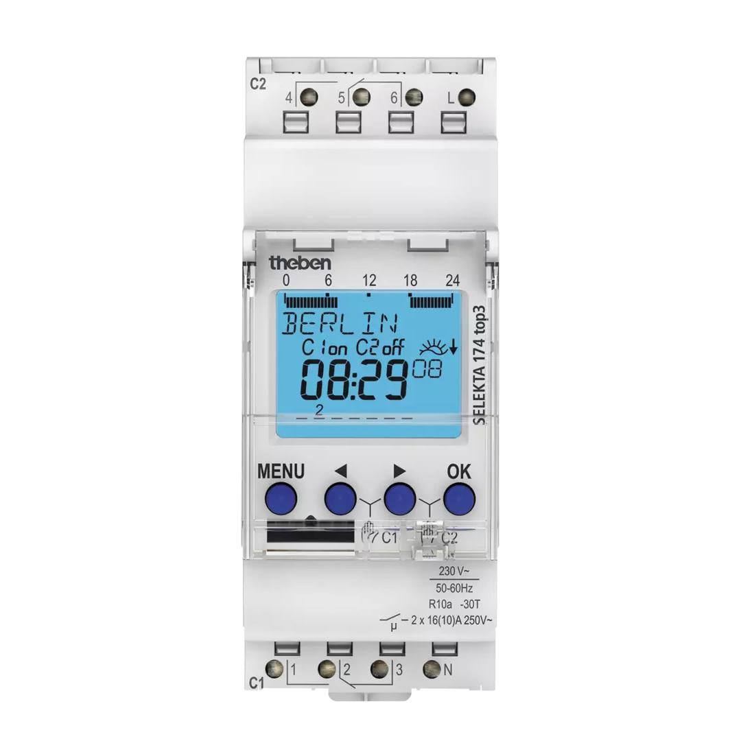 Theben Selekta 174 Top3 Astro Time Switch 2 Channels Reg/Din Rail/Top-Hat Rail Reversible Astro Mode