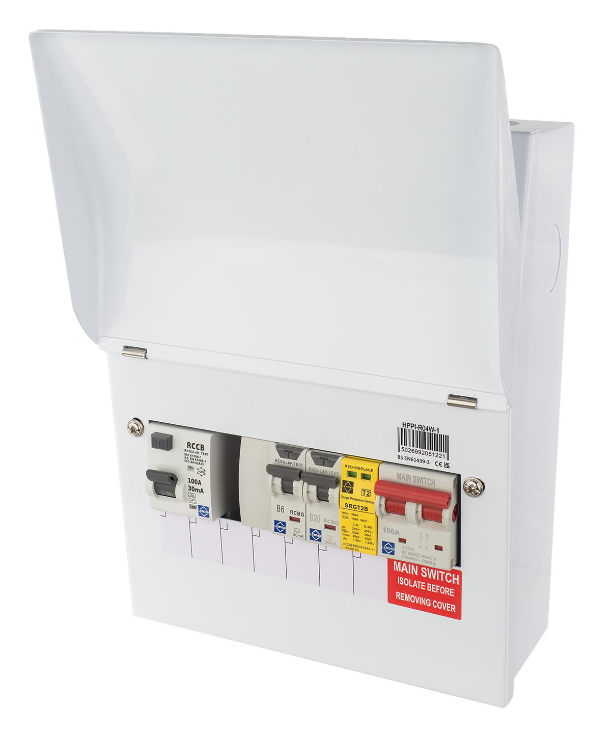Lewden HPPI-R04W-1 4 Way Air Source Heat Pump (ASHP) Consumer Unit with 100A Type B RCD, 2x RCBOs and SPD