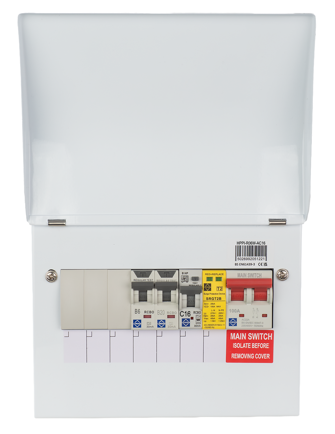 Lewden HPPI-R06W-AC16 6 Way Air Source Heat Pump (ASHP) Consumer Unit with 16A HP RCBO, 2x RCBOs and SPD