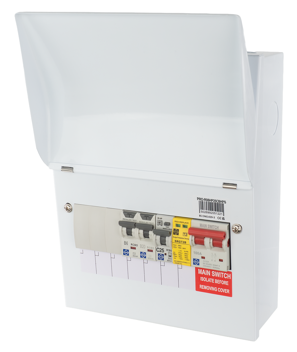 Lewden HPPI-R06W-AC25 6 Way Air Source Heat Pump (ASHP) Consumer Unit with 25A HP RCBO, 2x RCBOs and SPD