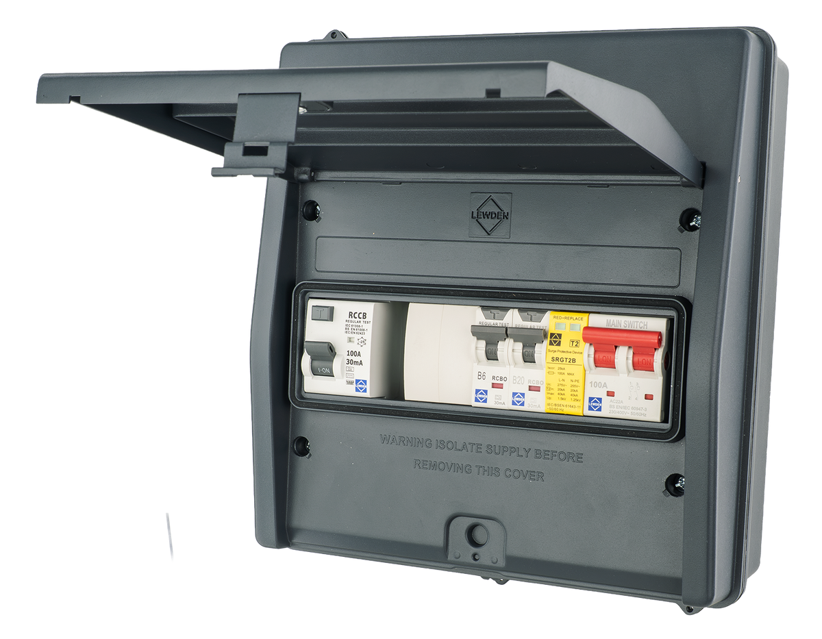 Lewden HPPO-05MG-1 IP65 5 Way Air Source Heat Pump (ASHP) Consumer Unit with 100A Type B RCD, 2x RCBOs and SPD