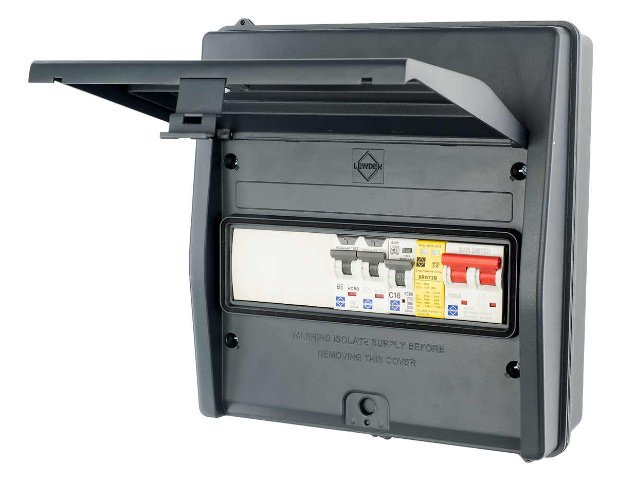 Lewden HPPO-07MG-AC16 IP65 7 Way Air Source Heat Pump (ASHP) Consumer Unit with 16A HP RCBO, 2x RCBOs and SPD