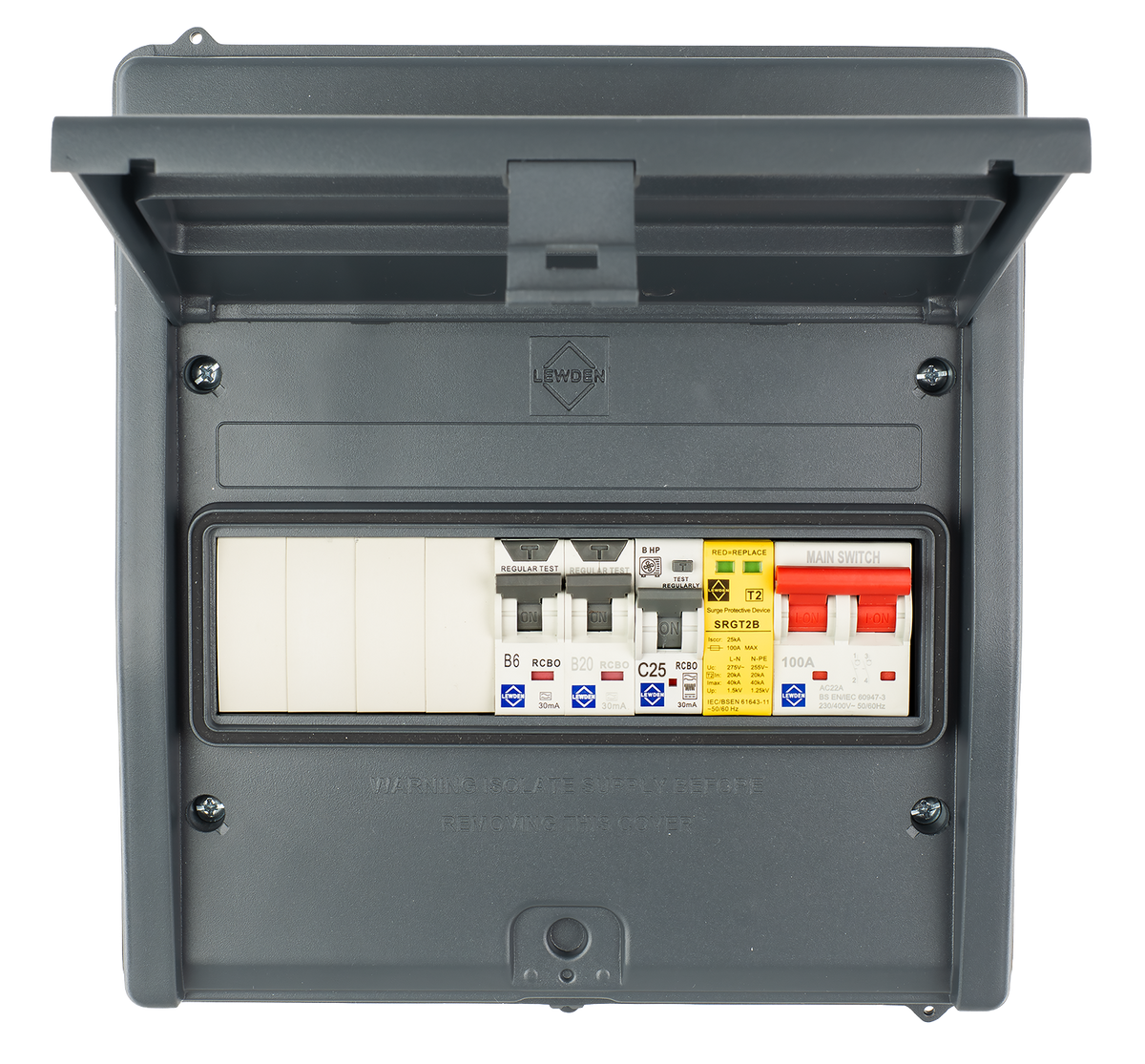 Lewden HPPO-07MG-AC25 IP65 7 Way Air Source Heat Pump (ASHP) Consumer Unit with 25A HP RCBO, 2x RCBOs and SPD