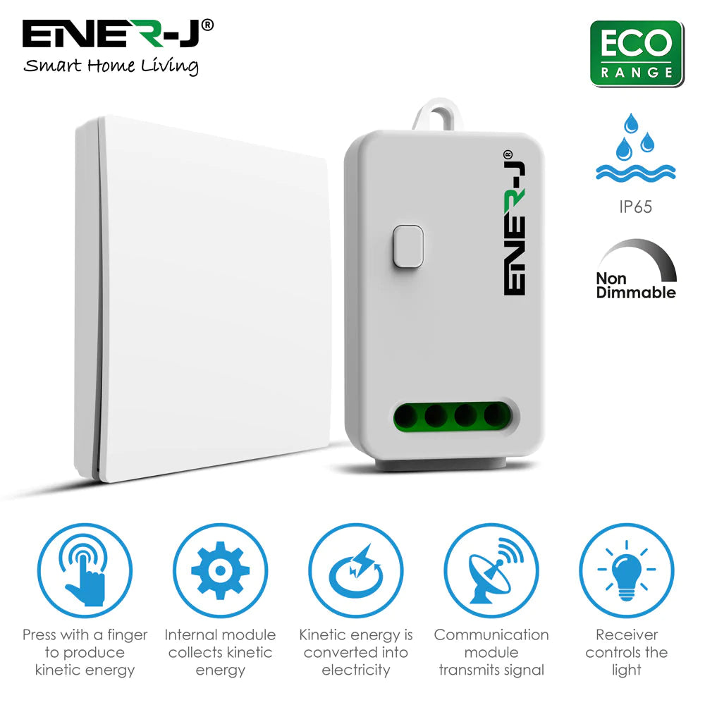 Enerj WS1061 1 Gang Wireless Kinetic Switch + 150W Dimmable & Wi-Fi Receiver Bundle Pack