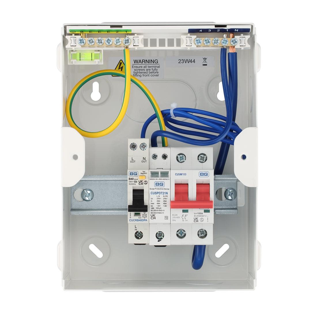 BG SyncEV CFUEV5RDA-01 IP20 EV Consumer Unit With 100A Switch Isolator, 1 x Type 2 SPD & 1 x 40A 30mA DP Type A RCBO White