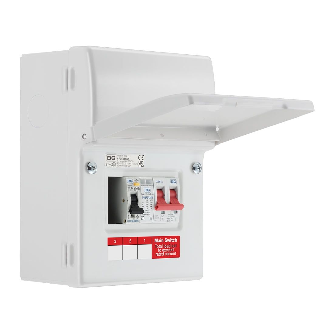 BG SyncEV CFUEV5RDA-01 IP20 EV Consumer Unit With 100A Switch Isolator, 1 x Type 2 SPD & 1 x 40A 30mA DP Type A RCBO White
