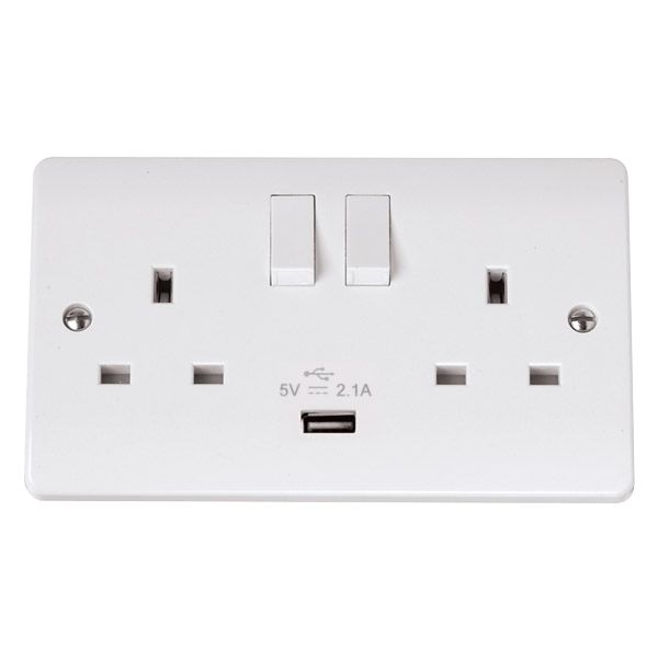 Click CMA770 Mode 13A 2 Gang Switched Socket with Single 2.1A USB Outlets White