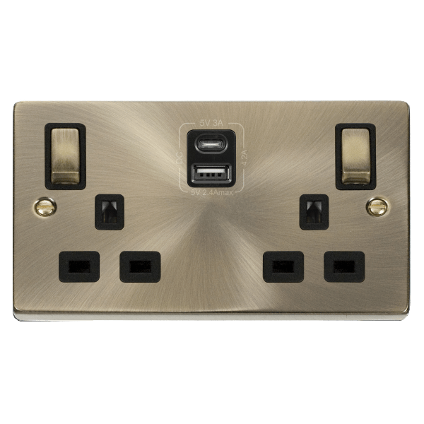 Click VPAB586BK Deco 13A 2 Gang USB Double Socket Antique Brass