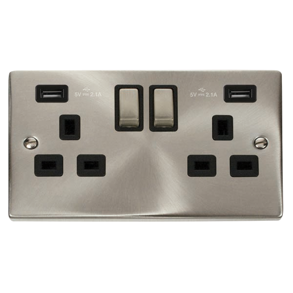Click VPSC580BK Deco 13A 2 Gang Double Socket with Twin 2.1A USB Type A Satin Chrome
