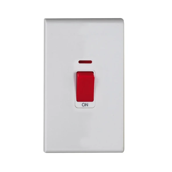 Deta 8652WHW Slimline Screwless 50A DP 2 Gang Vertical Switch with Neon White