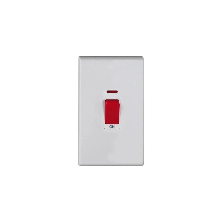 Deta 8652WHW Slimline Screwless 50A DP 2 Gang Vertical Switch with Neon White