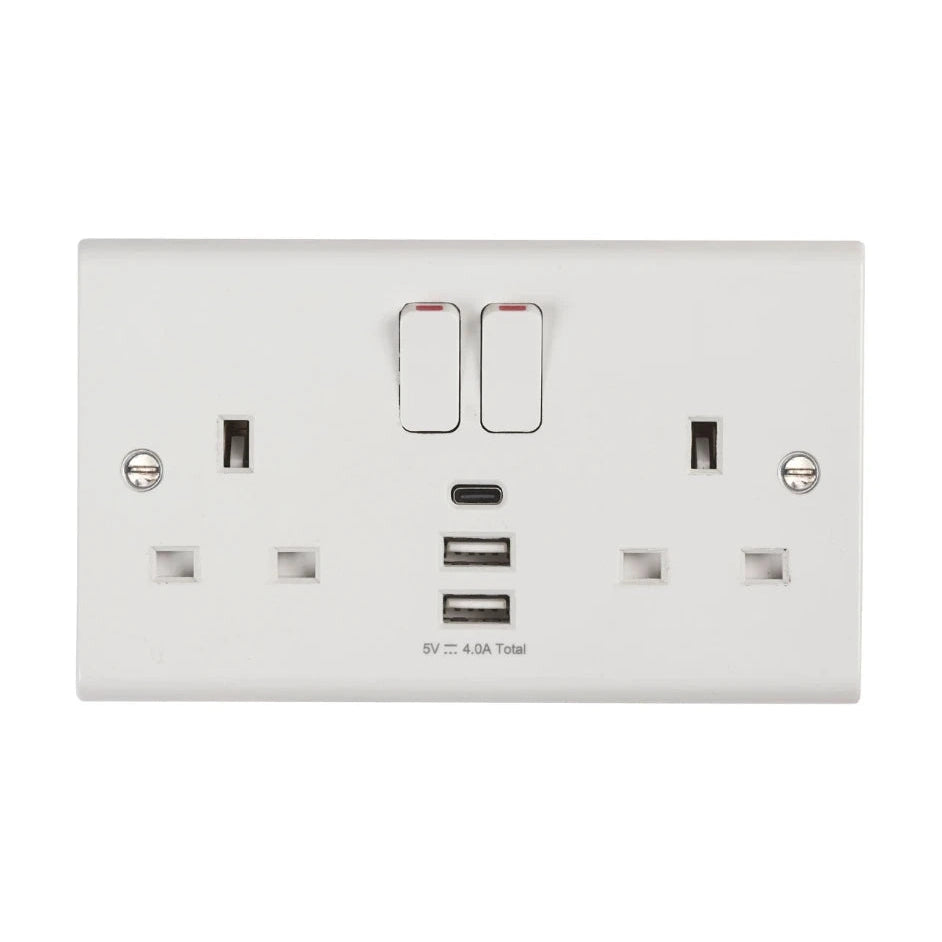 Deta S1288 Slimline 13A 2 Gang Switched Socket with 3 USB Ports Type A & C Outlets White