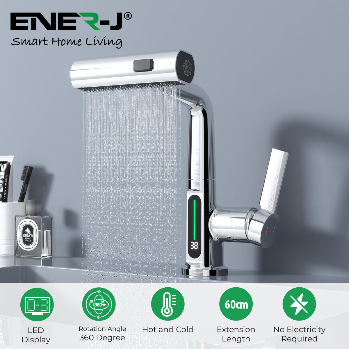 Ener-j BW2001 Modern Single Hole Basin Faucet with Waterfall, Pull Out Sprayer and LED Temperature Display, Chrome Silver