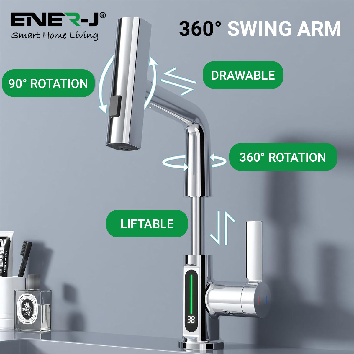 Ener-j BW2001 Modern Single Hole Basin Faucet with Waterfall, Pull Out Sprayer and LED Temperature Display, Chrome Silver