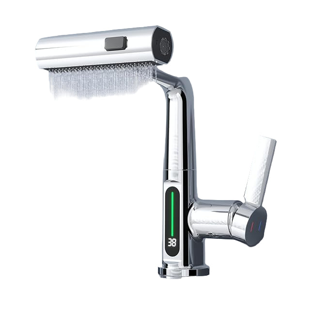 Ener-j BW2001 Modern Single Hole Basin Faucet with Waterfall, Pull Out Sprayer and LED Temperature Display, Chrome Silver