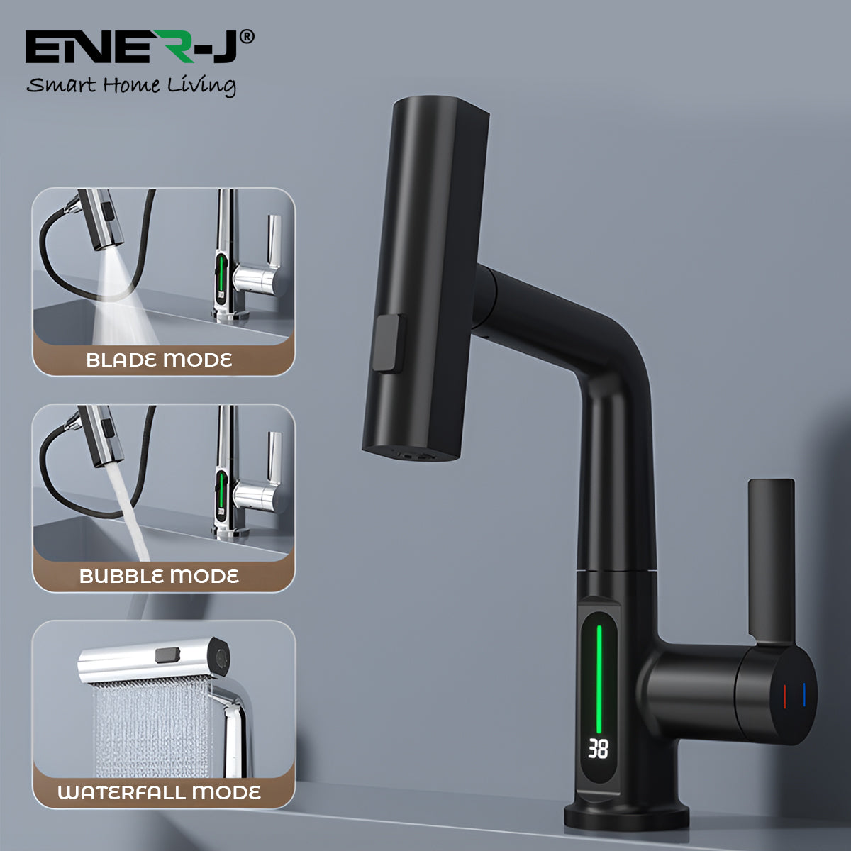 Ener-j BW2002 Modern Single Hole Basin Faucet with Waterfall, Pull Out Sprayer and LED Temperature Display, Black