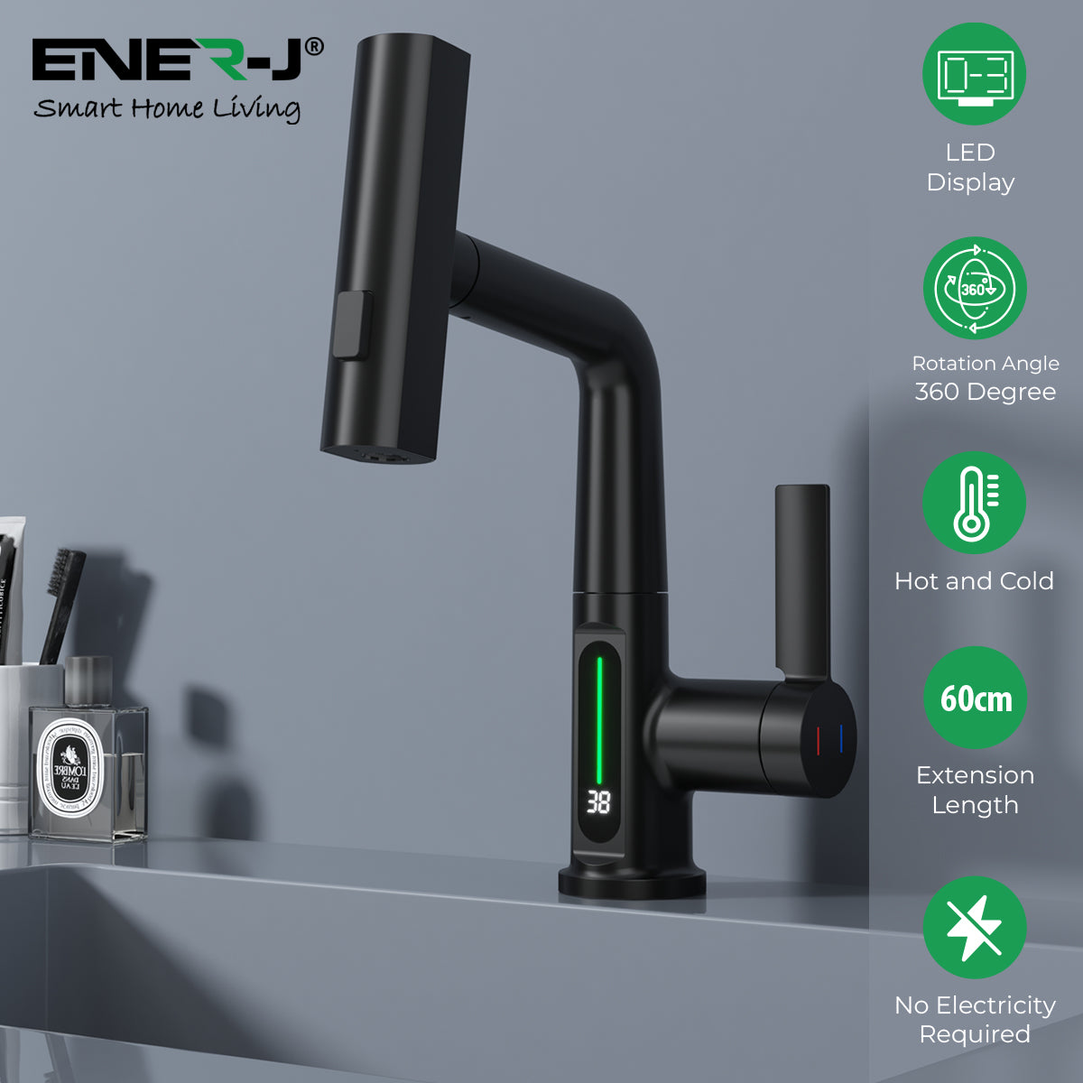 Ener-j BW2002 Modern Single Hole Basin Faucet with Waterfall, Pull Out Sprayer and LED Temperature Display, Black