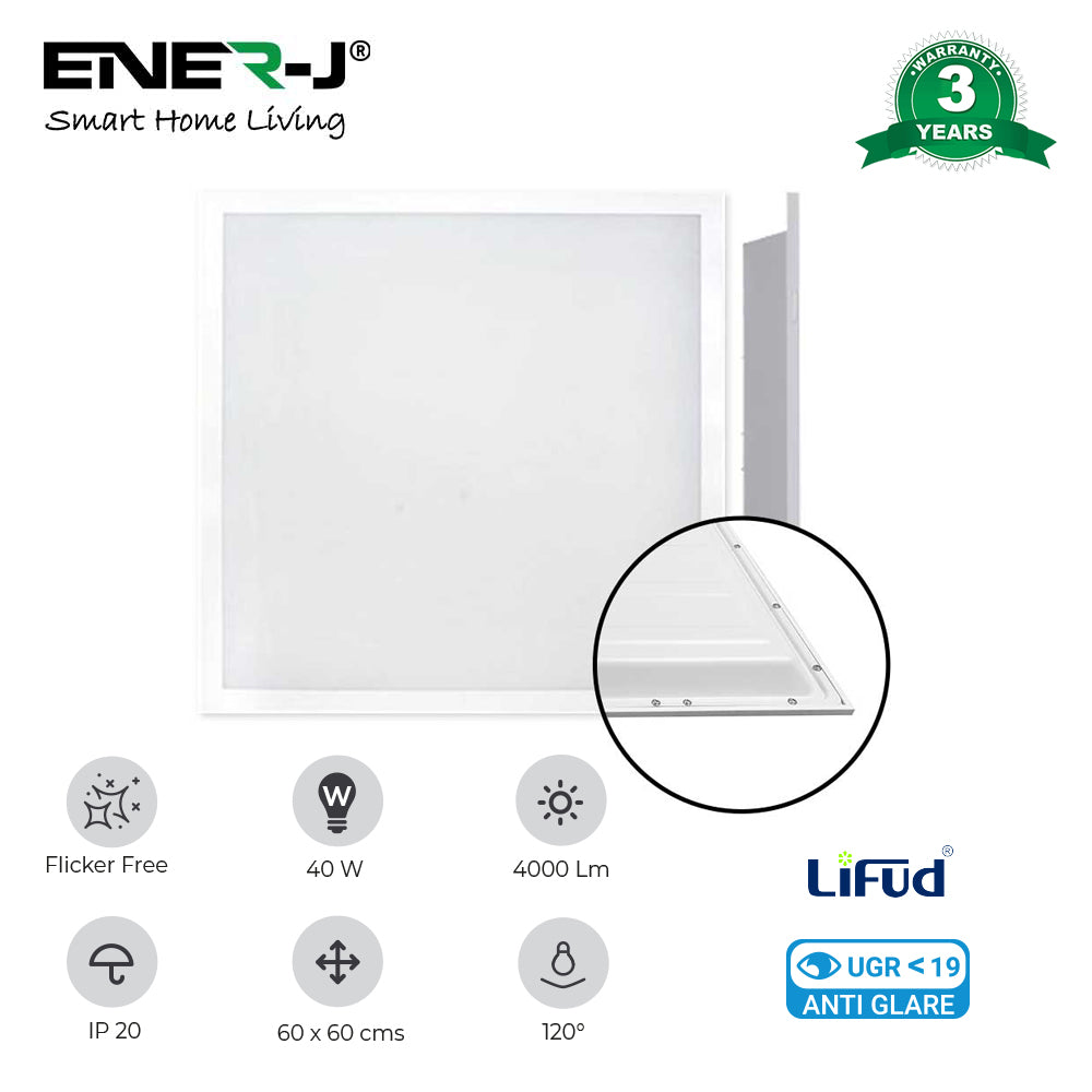 Ener-j E135 595x595mm LED Backlit Panel with UGR<19, 100 Lm/W, No Flicker CE driver, 6000K Pack of 2