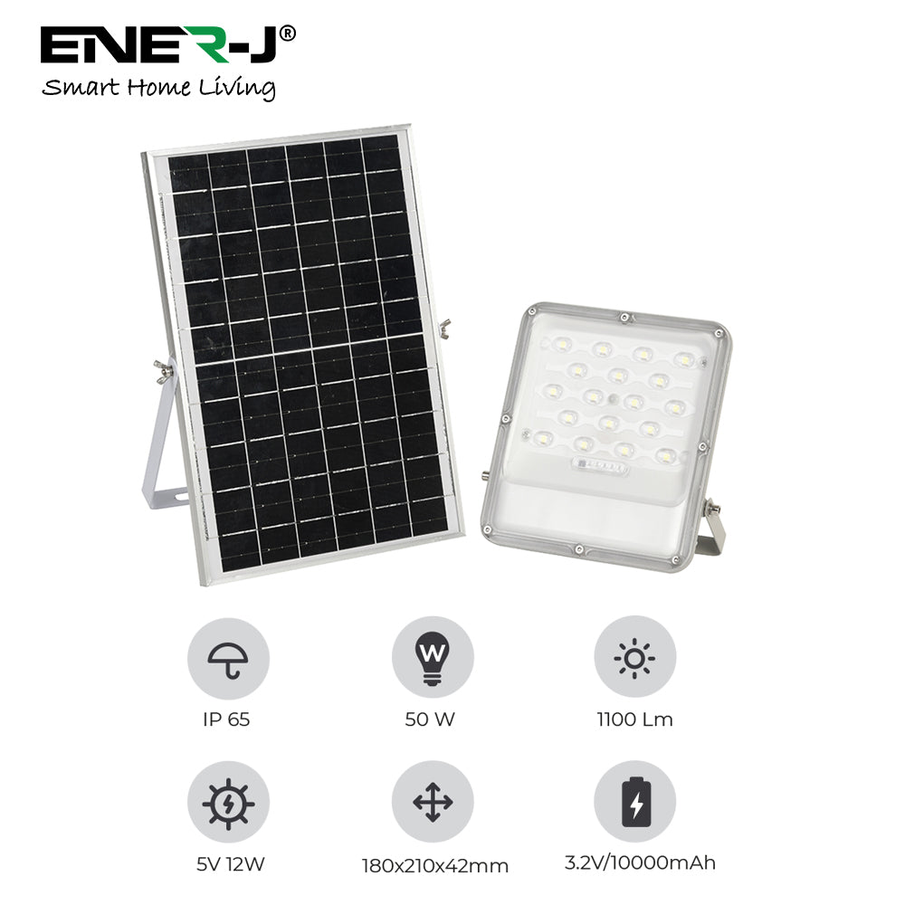 Ener-j E190 50W LED Floodlights with Solar Panels, 12W Solar Panel, 10AH Battery, 1100 lumens