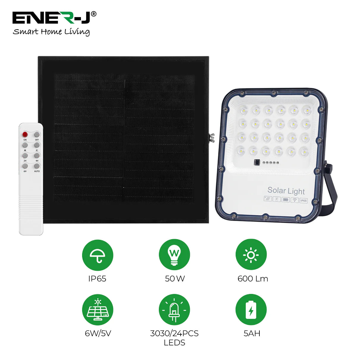 Ener-j E190 50W LED Floodlights with Solar Panels, 12W Solar Panel, 10AH Battery, 1100 lumens