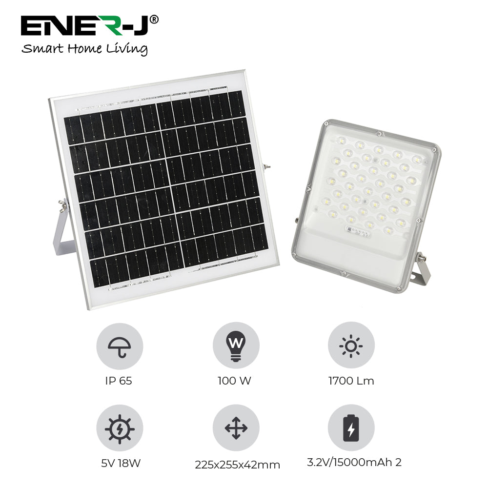 Ener-j E191 100W LED Floodlights with Solar Panels, 18W Solar Panel, 15AH Battery, 1700 lumens