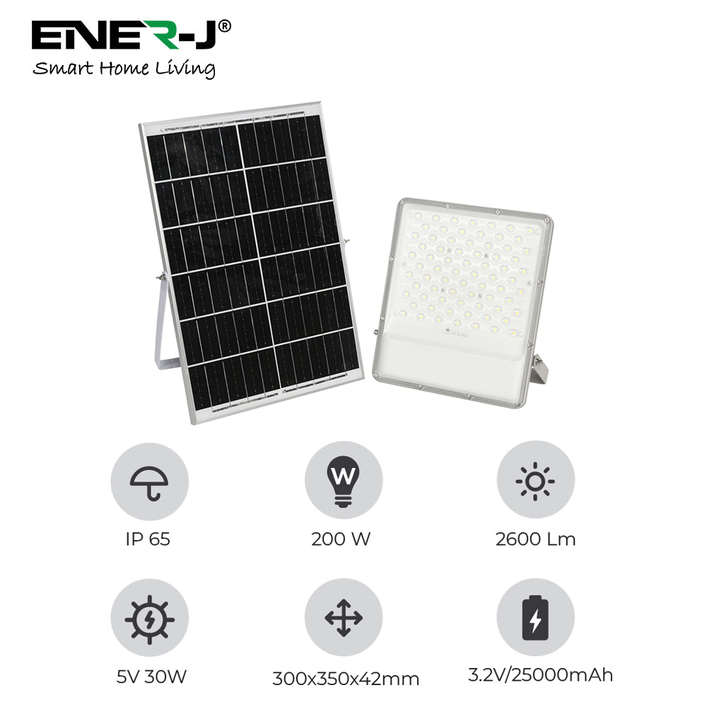 Ener-j E192 200W LED Floodlights with Solar Panels, 30W Solar Panel, 25AH Battery, 2600 lumens