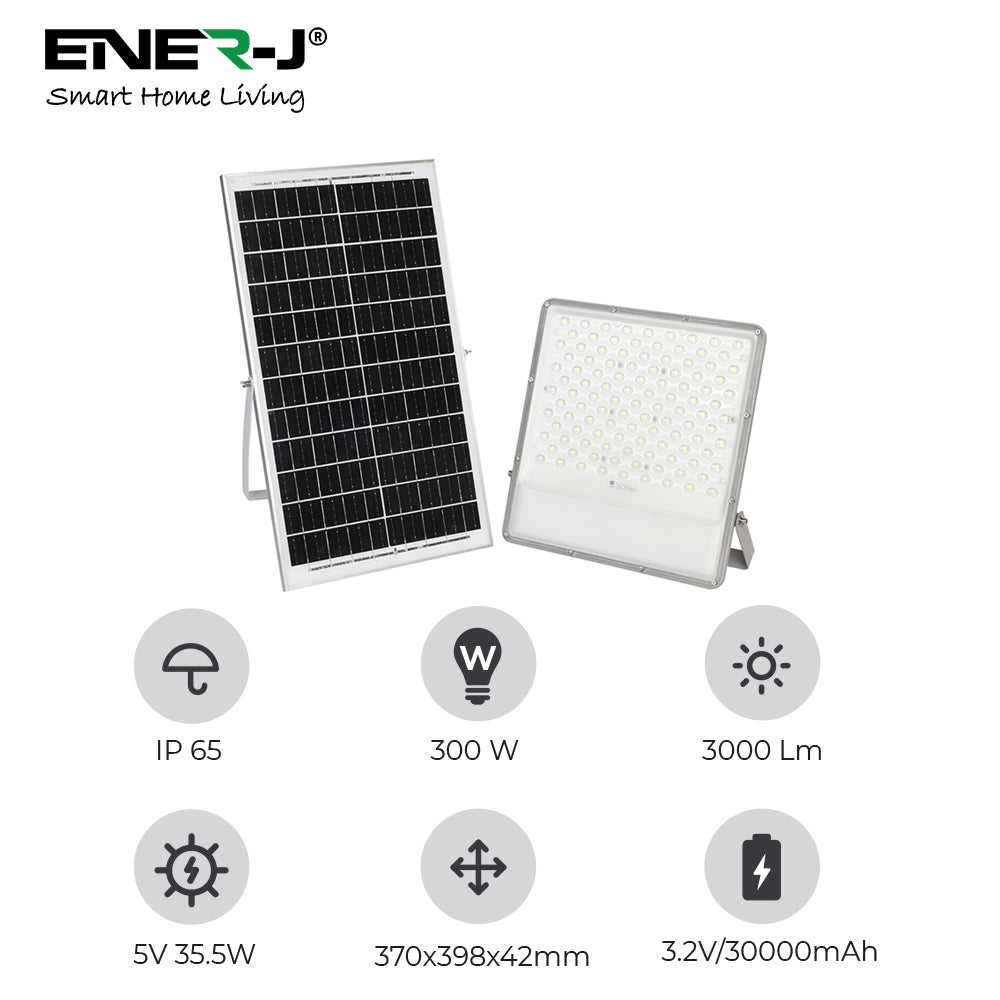 Ener-j E193 300W LED Floodlights with Solar Panels, 35.5W Solar Panel, 30AH Battery, 3000 lumens