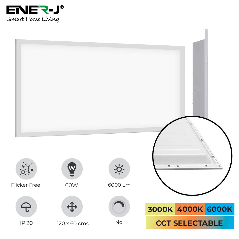 Ener-j E816 LED Backlit Panel, 1200x600mm, 60W, 6000Lm, CCT Switchable (6000K-4000K-3000K) Pack of 2
