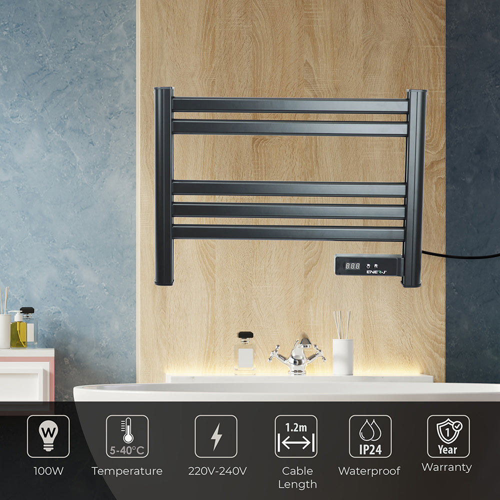 Ener-j IH1046 Infrared Heating Towel Rail LED Screen with BS plug 1.2 m for Bathroom IP24 Black