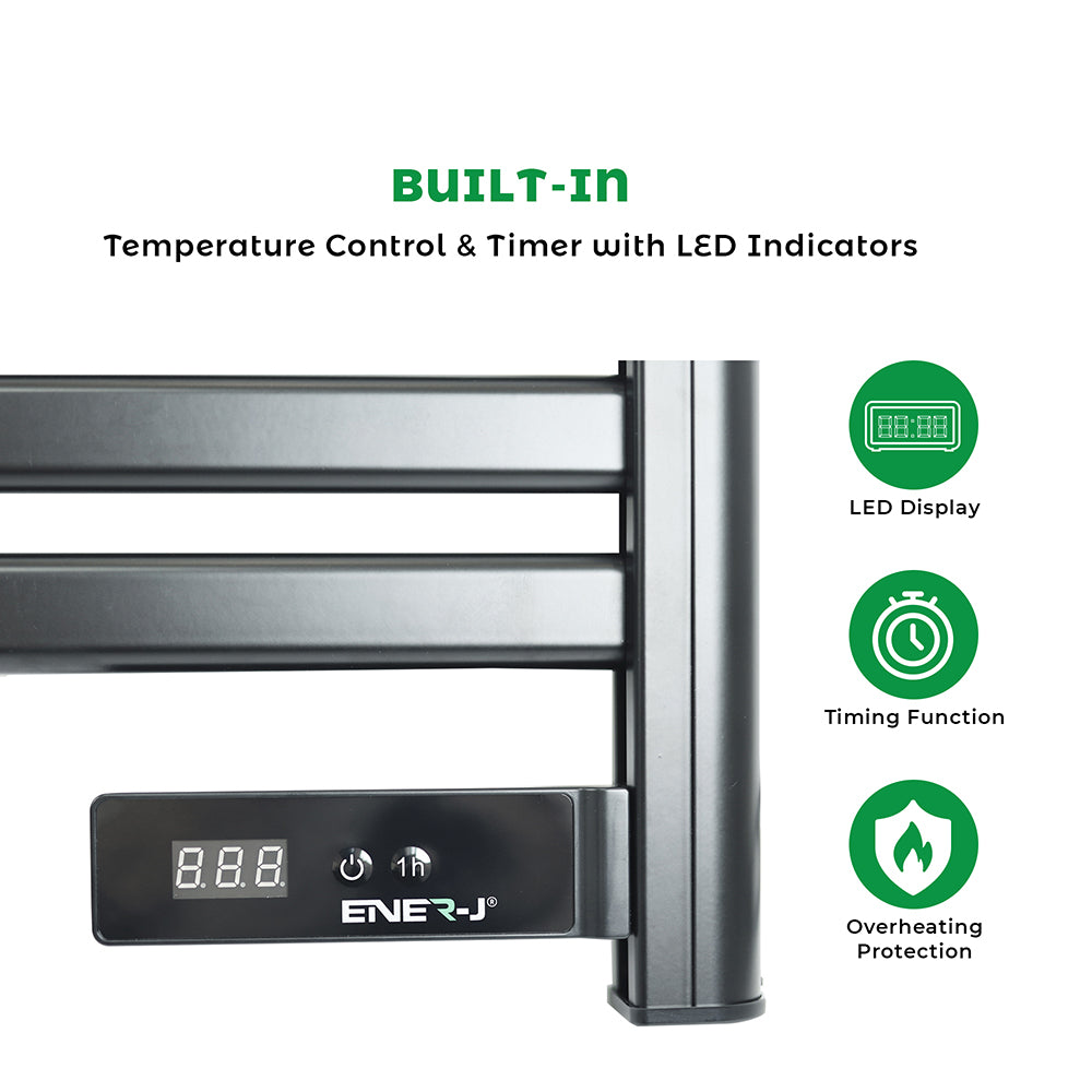Ener-j IH1046 Infrared Heating Towel Rail LED Screen with BS plug 1.2 m for Bathroom IP24 Black