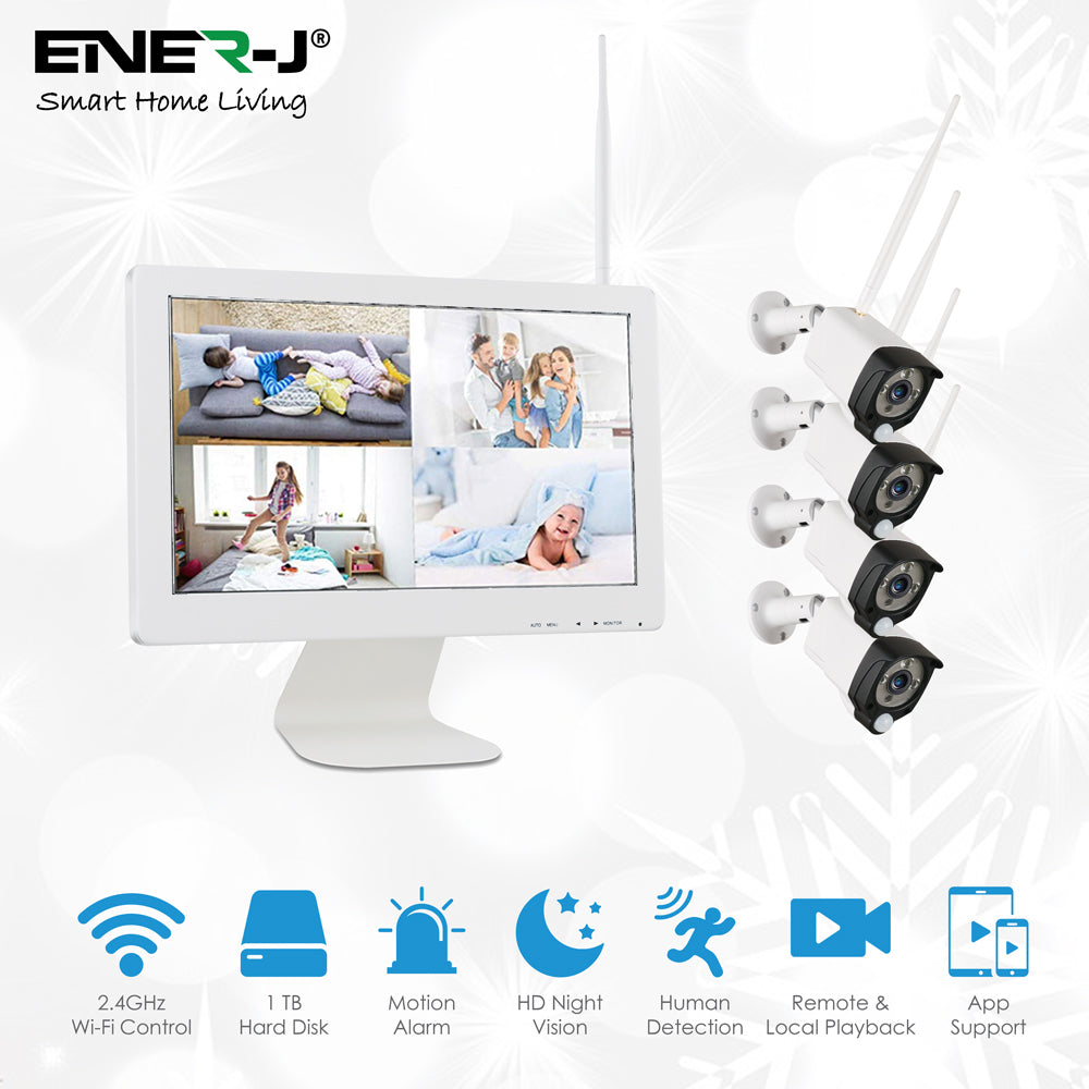Ener-j IPC1025 Premium Wireless CCTC Kit with 4 x Outdoor Bullet Cameras, 15.6 monitor & 8CH NVR with 1TB HDD pre installed Pack of 4