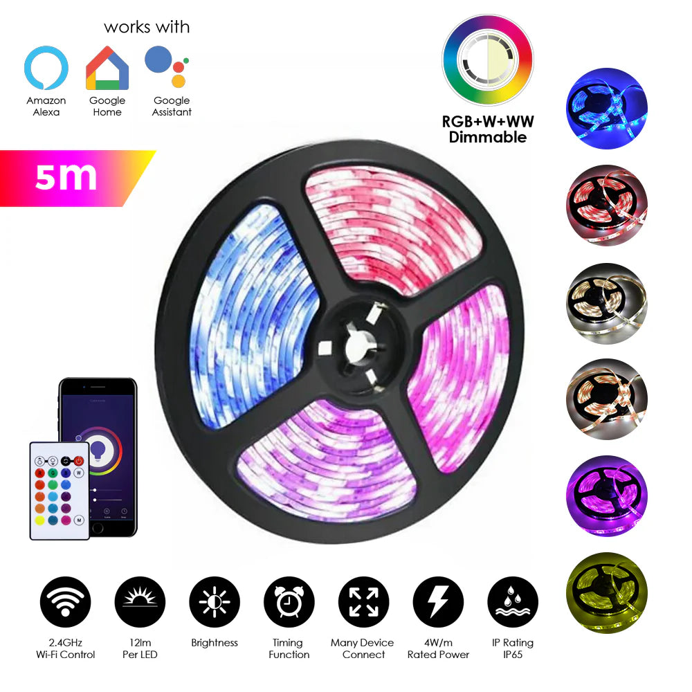 Ener-j SHA5213X Smart WiFi RGB+CCT Changing 5m Plug & Play LED Strip Kit, IP65