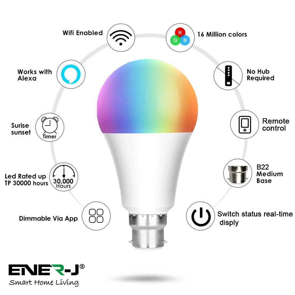 Ener-j SHA5262-3 Smart WiFi GLS LED Lamp B22, 9W, RGB+W+WW, Dimmable Pack of 3