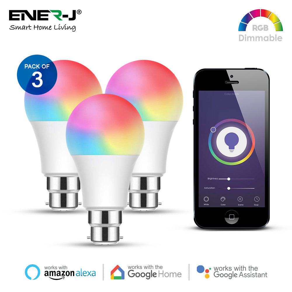 Ener-j SHA5262-3 Smart WiFi GLS LED Lamp B22, 9W, RGB+W+WW, Dimmable Pack of 3