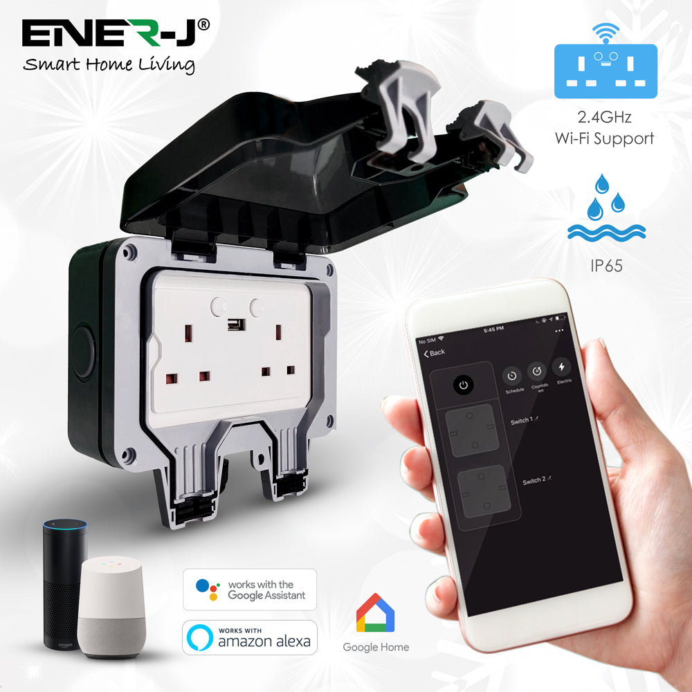 Ener-j SHA5275 Smart WiFi Weatherproof 13A Twin Wall Sockets with 1 USB Port (IP55)