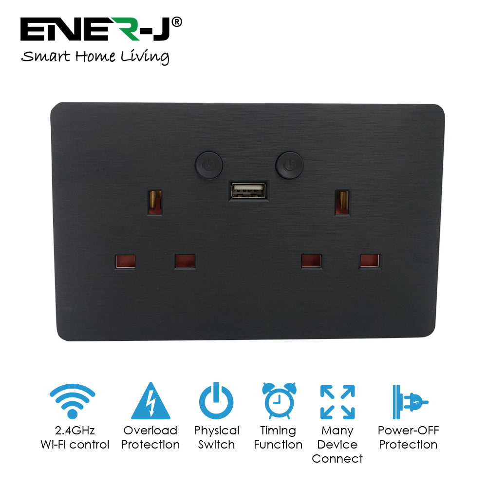 Ener-j SHA5282X Smart WiFi 13A WiFi Twin Wall Sockets with 1 Type-C (Black)