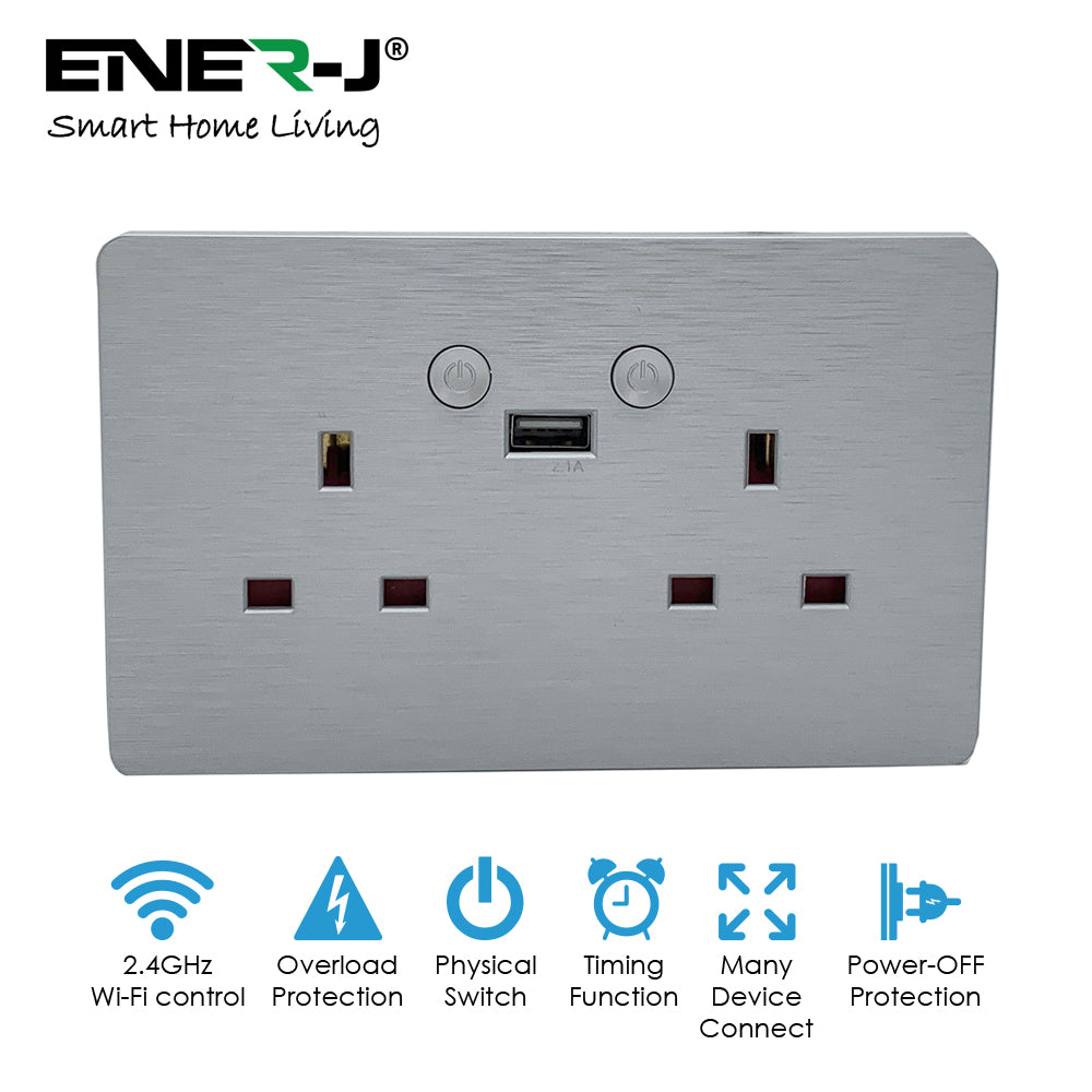 Ener-j SHA5283X Smart WiFi 13A WiFi Twin Wall Sockets with 1 Type-C (Silver)