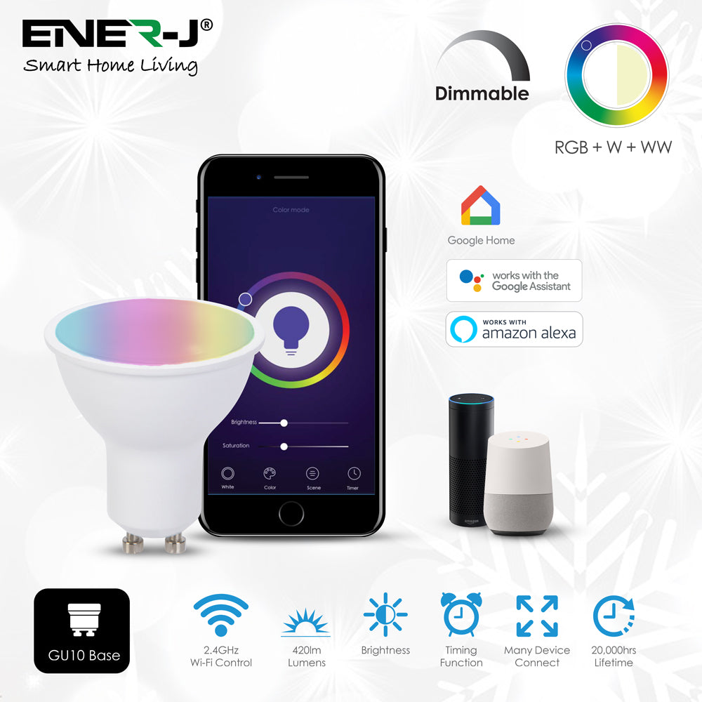 Ener-j SHA5286-3 Smart WiFi GU10 LED Lamp 5W, RGB+W+WW, Dimmable Pack of 3