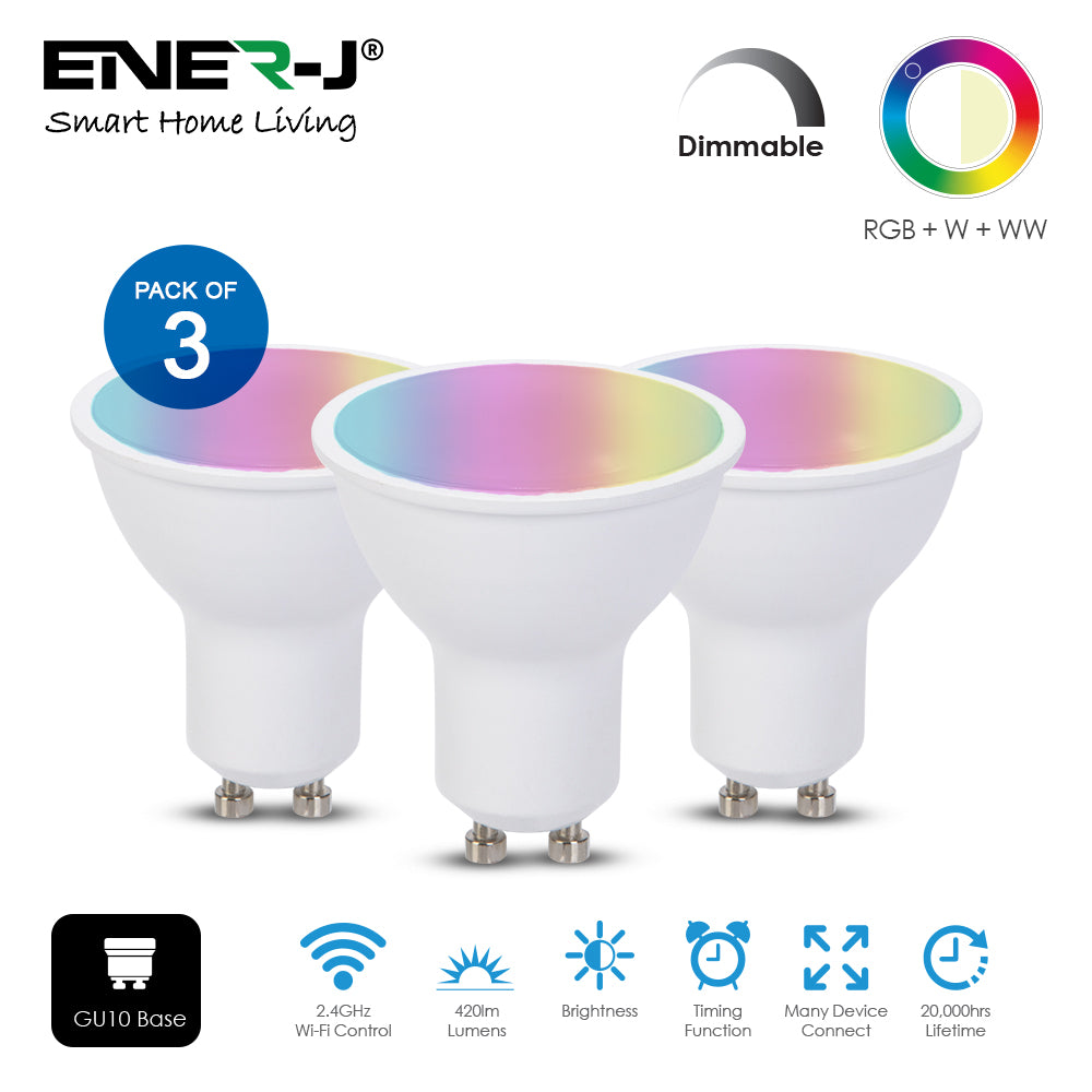 Ener-j SHA5286-3 Smart WiFi GU10 LED Lamp 5W, RGB+W+WW, Dimmable Pack of 3