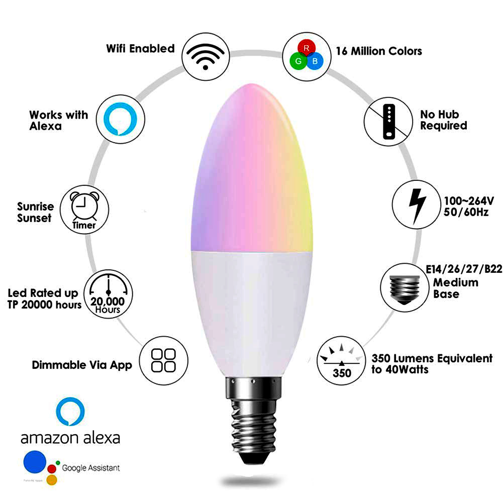 Ener-j SHA5287-3 Smart WiFi E14 LED Candle Bulb 4.5W, RGB+W+WW, Dimmable Pack of 3