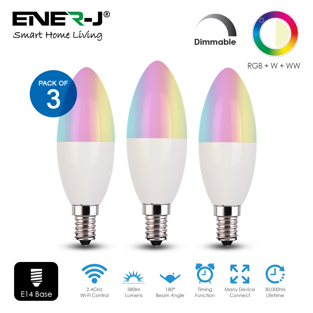 Ener-j SHA5287-3 Smart WiFi E14 LED Candle Bulb 4.5W, RGB+W+WW, Dimmable Pack of 3