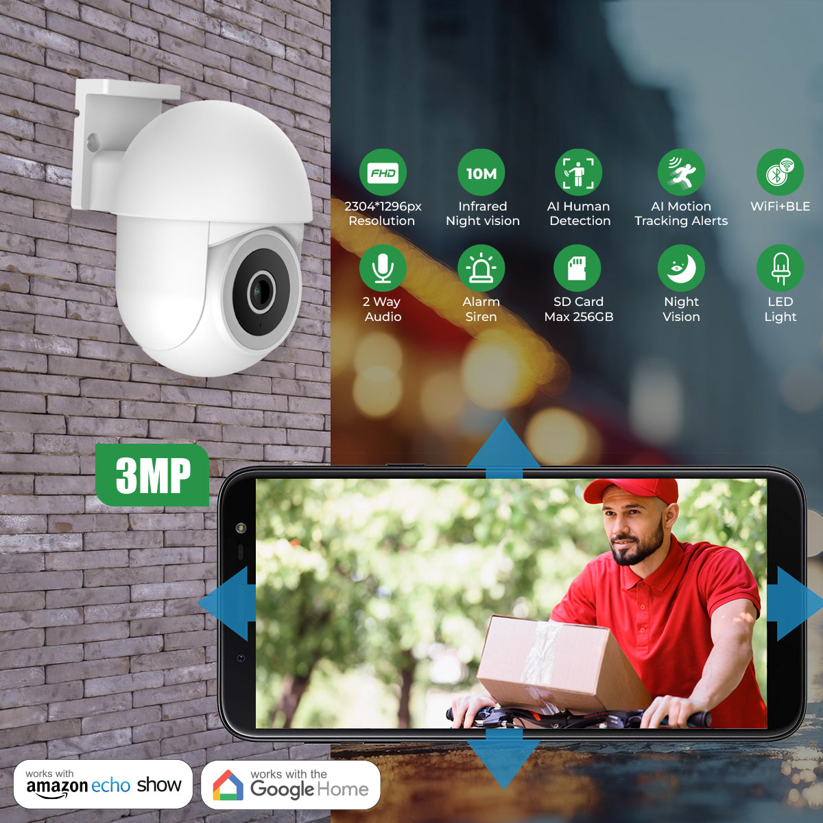 Ener-j SHA5295 Smart WiFi Dome Outdoor IP Camera, IP65