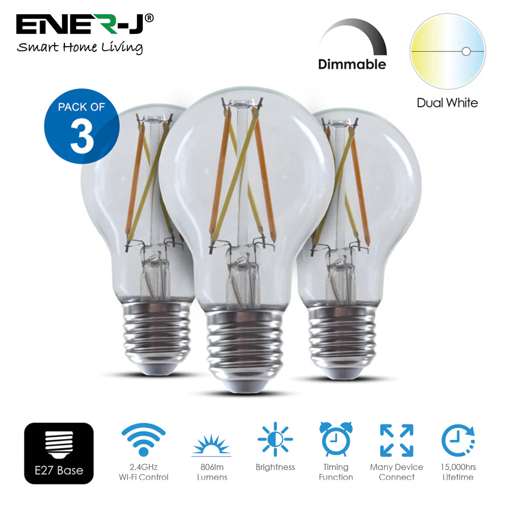Ener-j SHA5298-3 Smart WiFi CCT Changing & Dimmable GLS A60 LED Lamp E27 8.5W Pack of 3