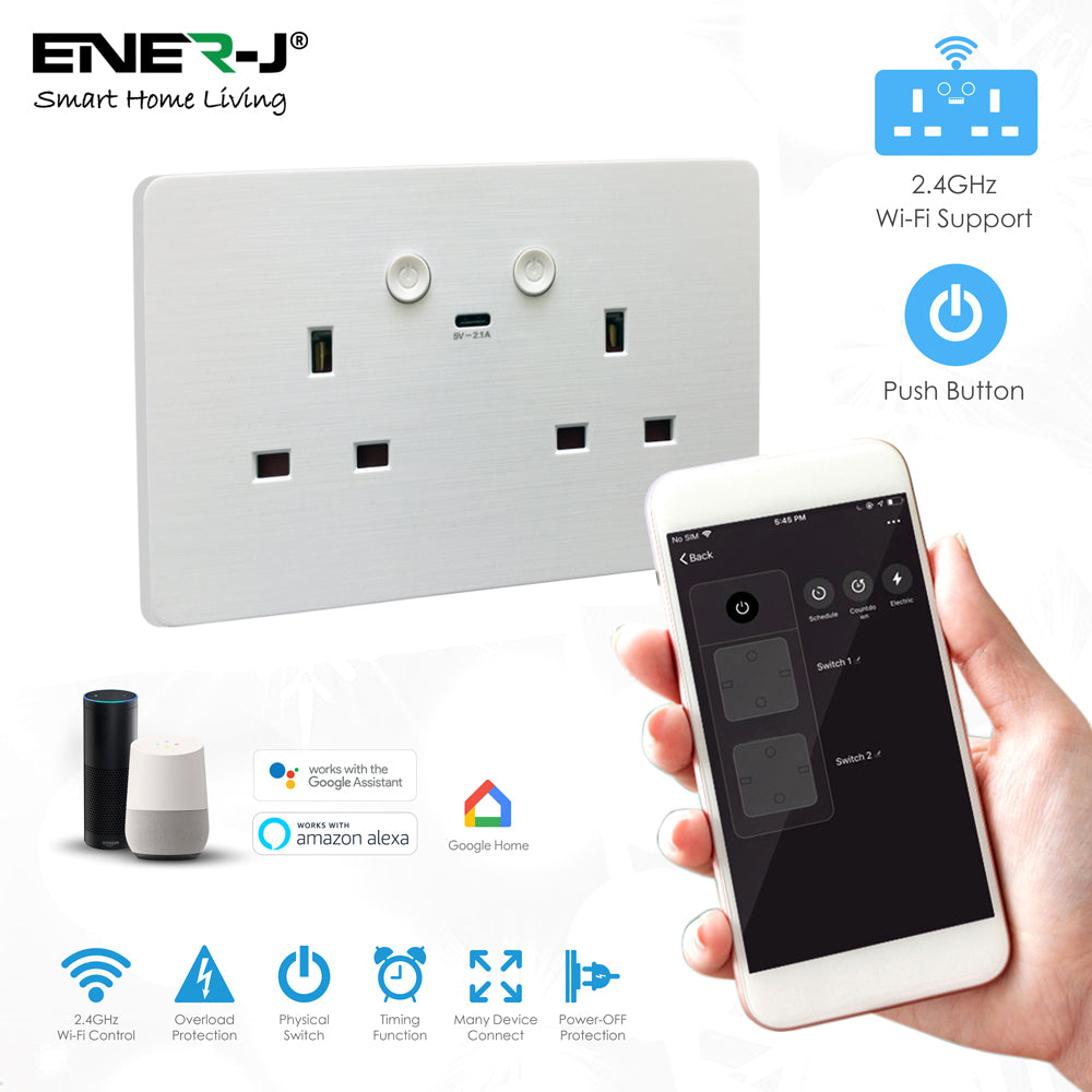 Ener-j SHA5302 Smart WiFi 13A WiFi Twin Wall Sockets with 1 Type-C (White)