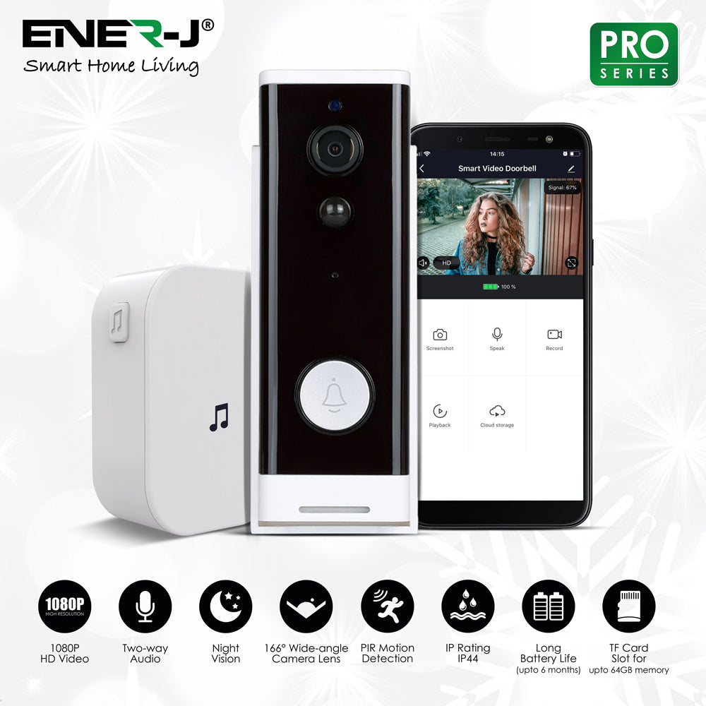 Ener-j SHA5307 Slim Wireless Video Door Bell 5200mah battery, including UK Chime