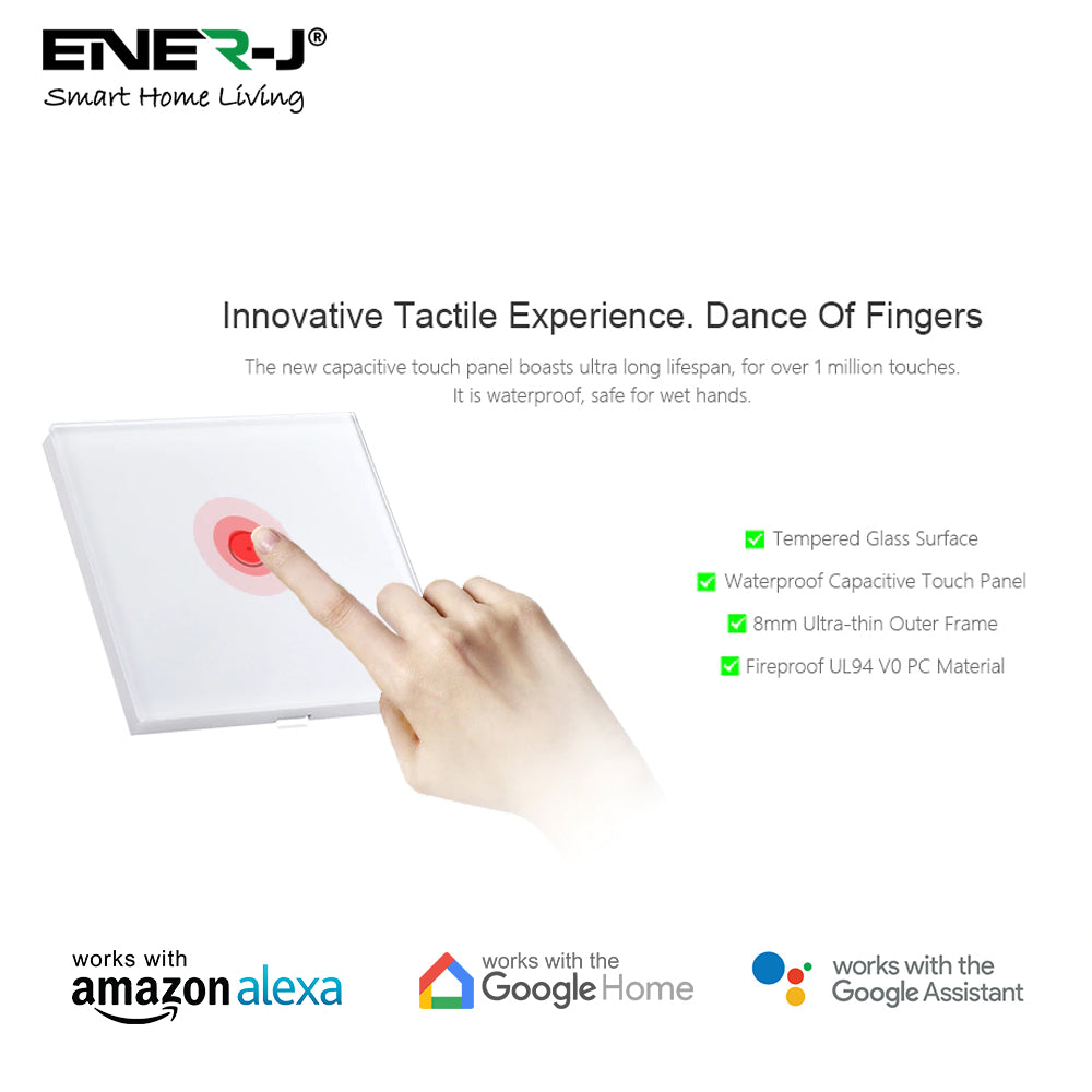 Ener-j SHA5312 Wifi Smart 1 Gang Touch Switch, No Neutral Needed, White Body